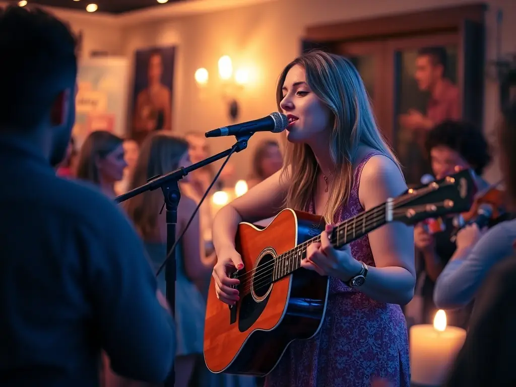 A photograph of a solo acoustic artist performing at a private birthday party, creating an intimate and engaging atmosphere. The artist is playing guitar and singing, with guests gathered around enjoying the music.