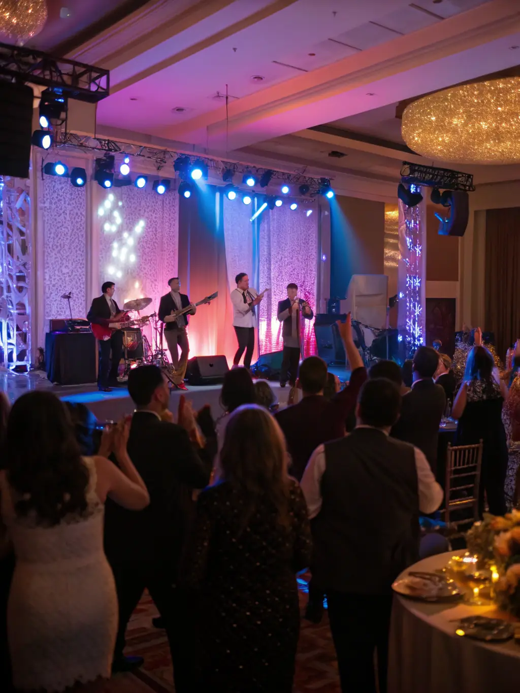 A vibrant stage featuring a popular band performing at a corporate event, capturing the energy and excitement of live music.