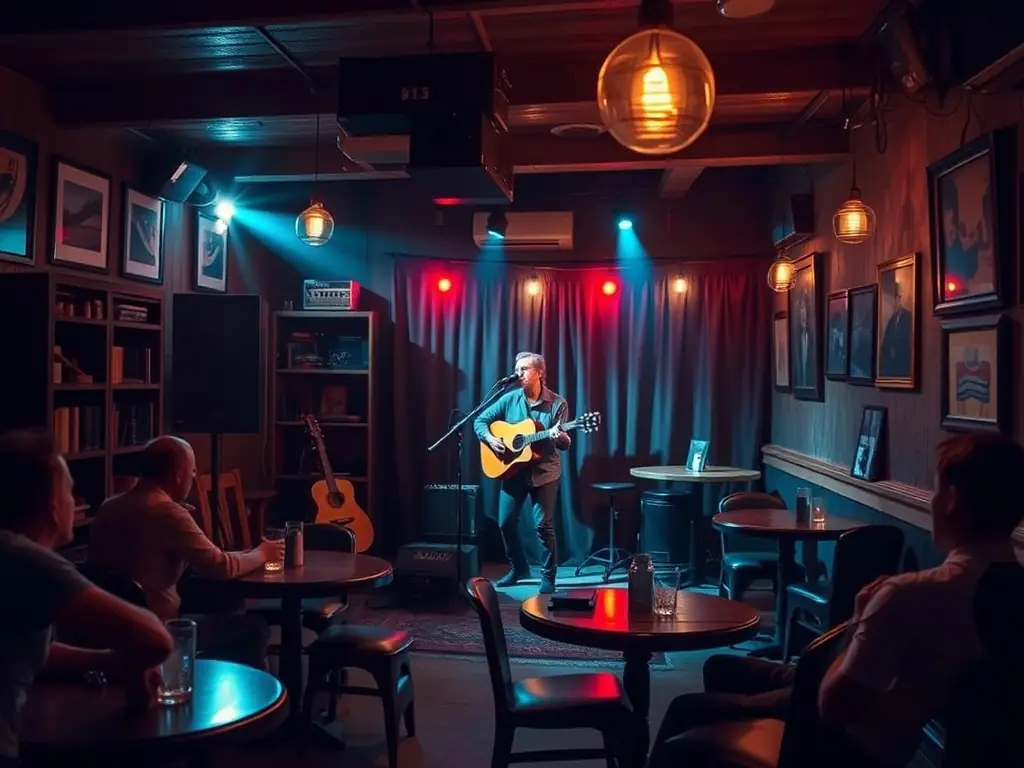 A beautifully decorated private party with a solo acoustic artist performing in the background, creating an intimate and engaging atmosphere for the guests.