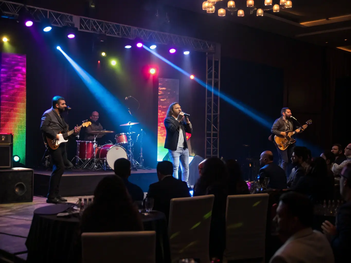 A vibrant corporate event with a live band performing on stage, showcasing a lively atmosphere with attendees enjoying the music and networking.