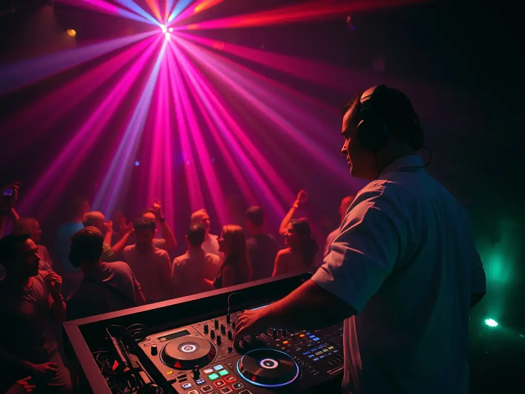 A dynamic image of a DJ performing at a high-energy club event, with colorful lights and a lively crowd. The DJ is mixing music on turntables, creating an electrifying atmosphere.
