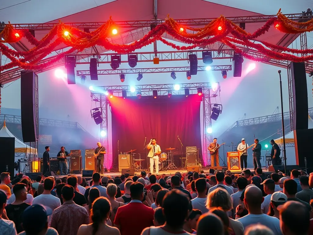 A dynamic music festival scene with various artists performing on different stages, capturing the energy and excitement of a large-scale musical event.